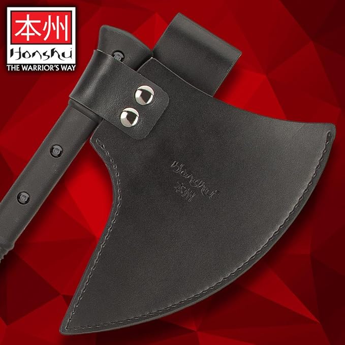 HONSHU Karito Battle Axe with Leather Sheath - 7Cr13 Stainless Steel Blade Impact-Resistant Injection-Molded Nylon Handle EDM Textured - Tradition and Innovation - Great for Breaching - Length 27”