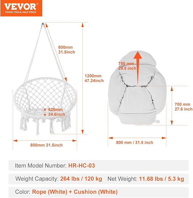 VEVOR Hanging Hammock Swing Chair Macramé Hanging Chair with Cushion and Mounting Hardware Cotton Rope Swing Chair for Bedroom Balcony Patio Garden 264 lbs Capacity White