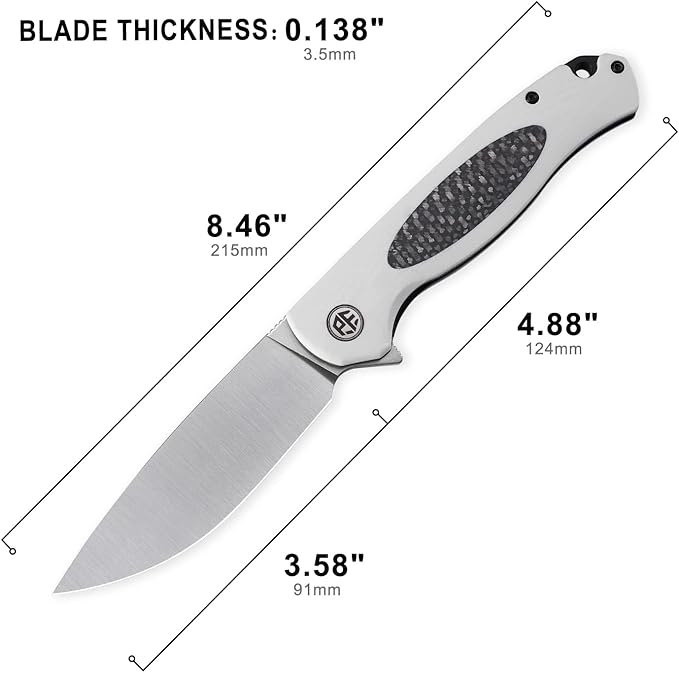 Petrified fish PFB03 Stamp Pocket Knife 3.58 D2 Satin Blade 4.79 oz G10 Handle Flipper Liner lock Folding Knife (White &amp Satin)