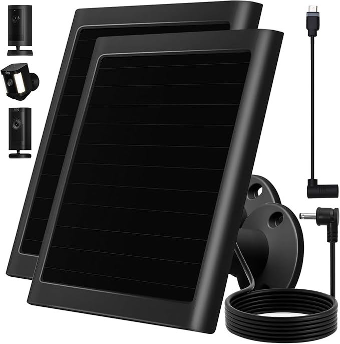 6W Solar Panel Charger for Ring Camera Compatible with Ri ng Stick Up Camera and Ring Spotlight Plus/Pro Camera Battery Waterproof (Black 2Pack)