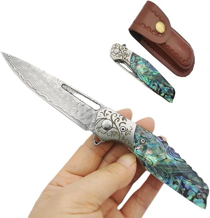 Pocket Knife Damascus Steel Blade Abalone Shell Handle Ball Bearing Pivot Sheath &amp Pocket Clip for Everyday and Outdoor Camping EDC tool Excellent Gift