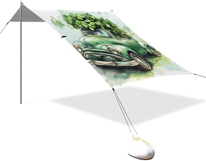 ALAZA Stst. Patrick's Day Green Retro Car Carries Clover Leaves Beach Tent Sun Shelter Portable Canopy Sunshade for Outdoor Camping Picnics Backyard Fun 10x9 ft