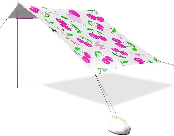 Beach Canopy with Windproof Ropes &amp Sandbags Beach Tent Sun Shade Sun Shelter for Camping Trips Fishing Backyard Fun or Picnics Red Cherries