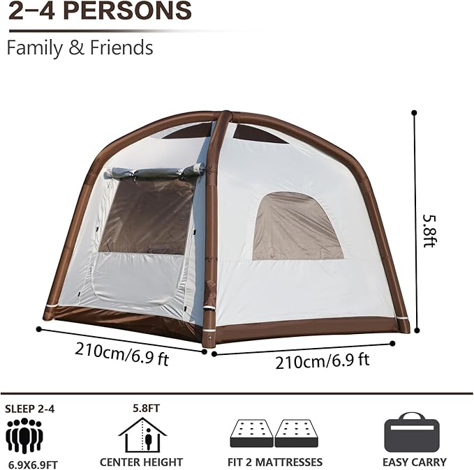 Inflatable Camping Tent2/4/6/8 Person Glamping Inflatable Tents with Awning Quick Setup Blow Up Tents with Pump Waterproof Oxford Inflatable House for Camping Air Glamping Hot Tents for Adult