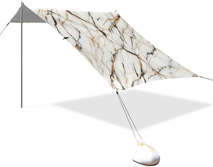 White Golden Marble Beach Tent Sun Shelter Set UPF50+ UV Protection 10.5 x 9.19 FT Camping Shade Canopy with Sandbags Sand Anchors Carrying Bag and Others
