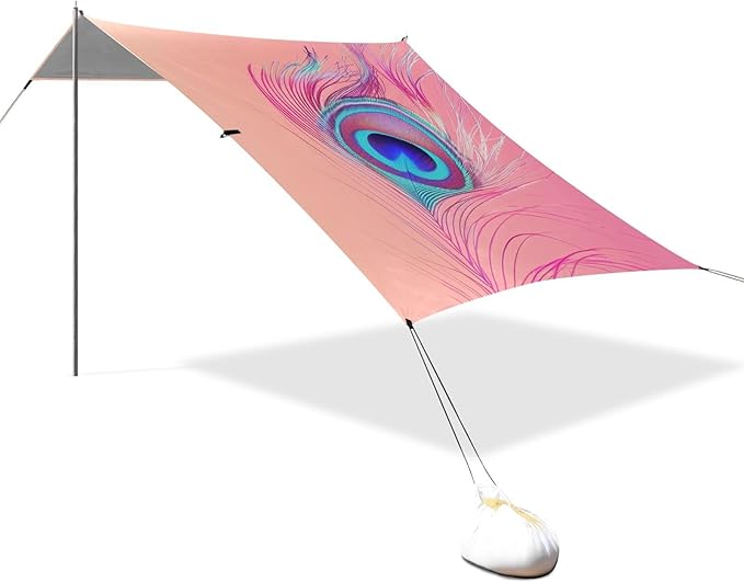 ALAZA Pink Peacock Feather Beach Tent Sun Shelter Portable Canopy Sunshade for Outdoor Camping Picnics Backyard Fun 10x9 ft
