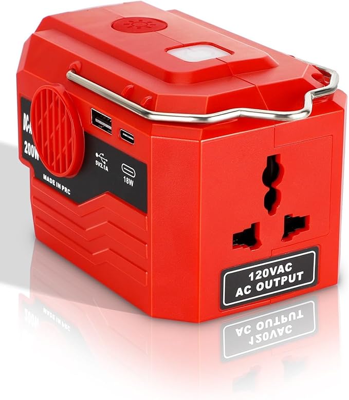 DC 18V to AC 110V Power Inverter for Milwaukee M18 18V Battery 200W Portable Modified Sine Wave Power Inverter Converter with LED Light USB and Type-C Port(No Battery)