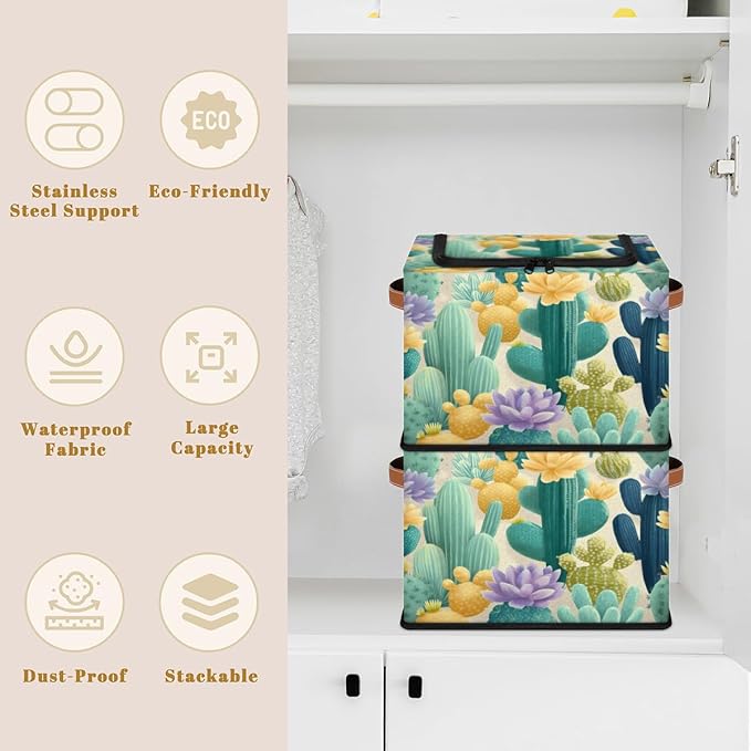 Cactus Storage Bins with Lids Flower Collapsible Cube Storage Basket with Leather Handle Foldable Storage Box with Lids for Organizing Home Closet