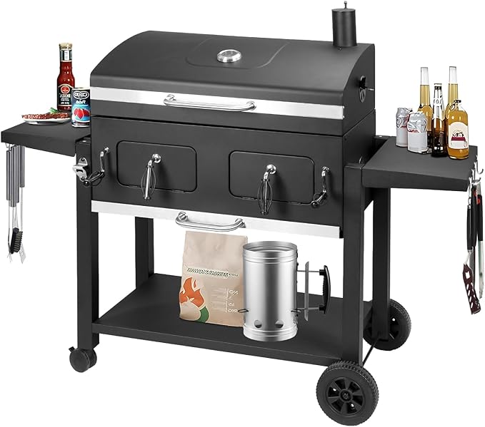 Charcoal Grill Outdoor BBQ Grill Extra Large Cooking Area 794 Square Inches with Two Individual &amp Adjustable Charcoal Tray Foldable Side Tables for Outdoor Cooking Backyard Camping Picnics By DN