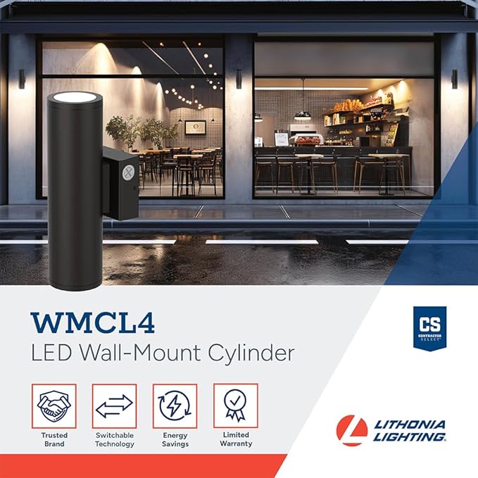 Lithonia Lighting WMCL 4 Inch LED Outdoor Wall Light Modern Cylinder Outdoor Wall Sconce with Up/Down/Both Beam Direction Selectable White Color Photocell Dusk-to-Dawn 75-Degree Beam Spread