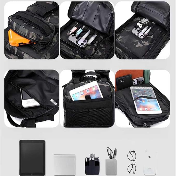 30L Comfortable Durable Military Tactical Backpack w/USA Flag Patch MOLLE Hiking Camping Travel Bag（black camouflage）