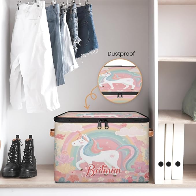 Storage-Bins with Lids Handle Customized Stackable-Storage-Bin for Kids-Boys-Girls-Toys Cube Collapsibl Basket Flowers Unicorn Rainbow