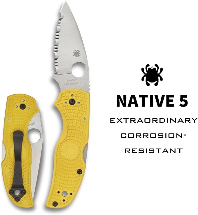 Spyderco Native 5 Salt Knife with 2.95 Corrosion-Resistant LC200N Steel Blade and Lightweight Yellow FRN Handle - SpyderEdge - C41SYL5