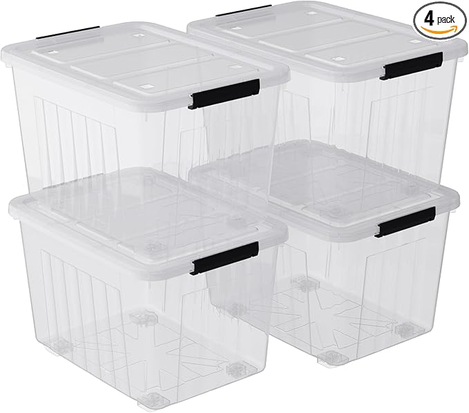 50 Liters Plastic Storage Bins with Latching Lids Stackable Boxes with Wheels 4 Packs Large Storage Container