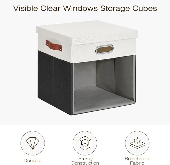 Fabric Storage Cubes with Clear Windows and Lids 13'' Foldable Storage Bins with 3 Handles Decorative Storage Boxes for Home Bedroom Closet Office (Balck &amp White)