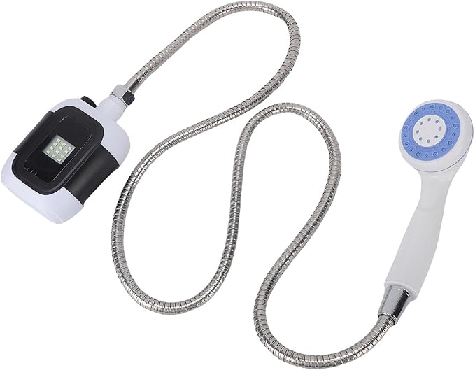 TARSHYRY Portable Camping Shower Built in Light and 2000mAh Battery for 30 Minutes Use Flexible Mounting System with Suction Cups and Hooks for Camping Hiking Travel Pet Washing