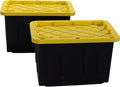 Plastic 23-Gallon Storage Tote with Lockable Lid Stackable Tough Regular-Duty Bin for Garage Tools and Home Organization (2-Pack) - Black and Yellow