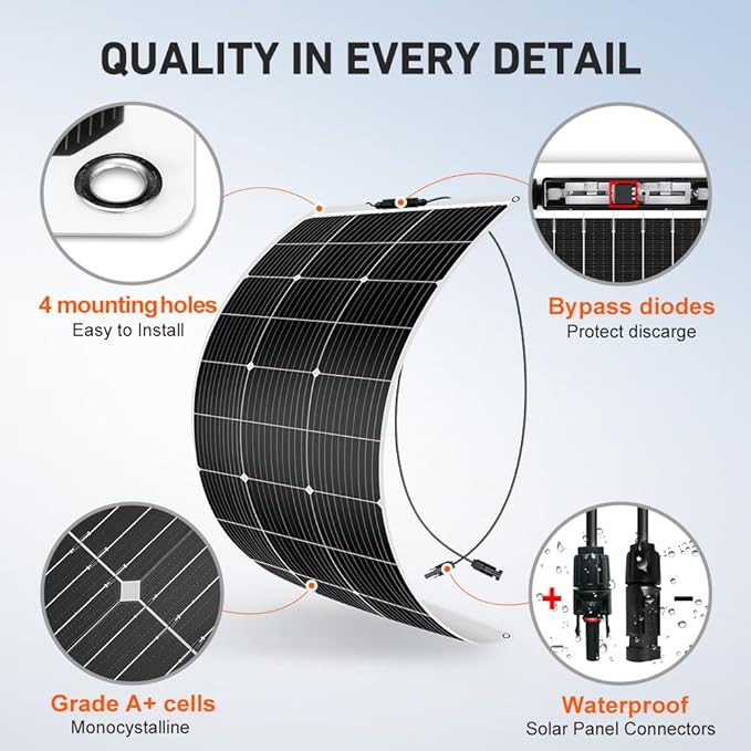 DOKIO 100W 18V Flexible Solar Panel Monocrystalline for 12V Battery Charging Semi-Flexible ETFE Lightweight with MC4 for RV Marine Boat Camper Van Trailer Off-Grid Power