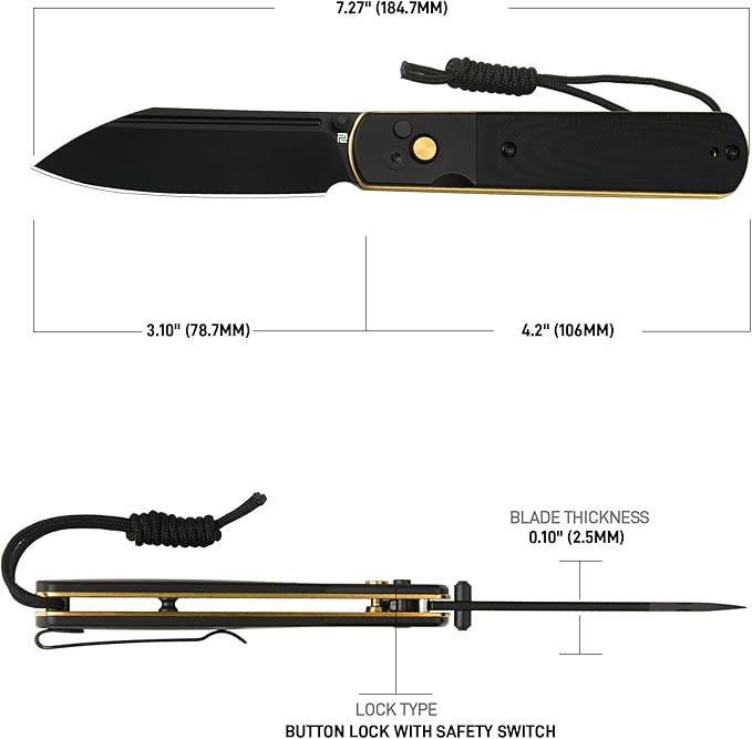 ARTISANCUTLERY Holm Pocket Knife EDC Knife with 3.10'' AR-RPM9 Steel Handle with Black PVD Steel and G10 Inlay Button Lock with Safety Switch Knife for Camping Survival Outdoor 1875P Black PVD