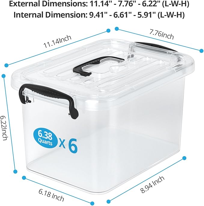 Plastic Storage Containers with Lids - 6 Pack 6 Quart Clear Storage Bins with Lids Stackable Storage Containers for Organizing Small Plastic Storage Box with Lid Black Handle and Latches