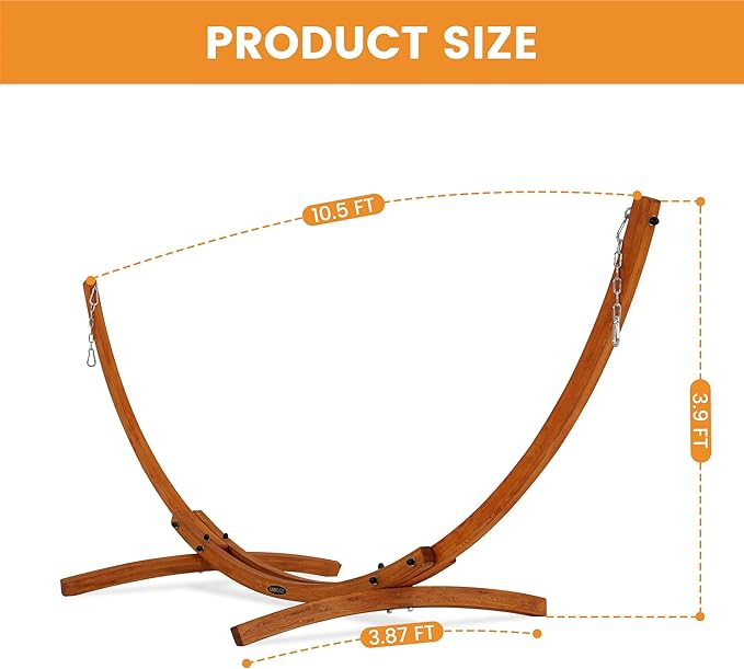 Lazy Daze Hammocks 10.5 FT Outdoor Arc Wood Hammock Stand 2 Person Hard Pine Wood Hammock Stand with Carabiners and Chains for Outdoor Patio Garden Poolside 300lb Capacity Brown