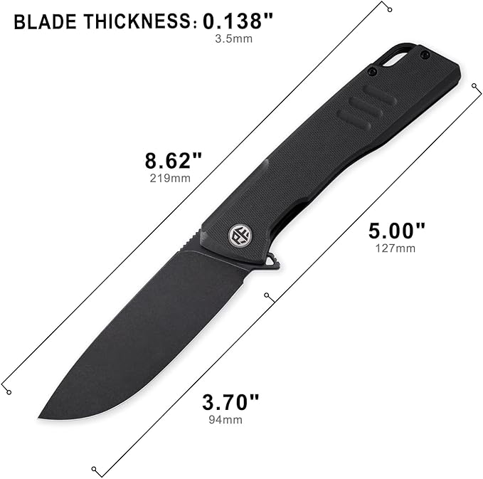 Petrified fish PFB02 Loco Pocket Knife 3.70 D2 Satin Blade Camping Knife 5.29oz G10 Handle Flipper Liner lock Folding knife for EDC (Black Black Stonewashed)