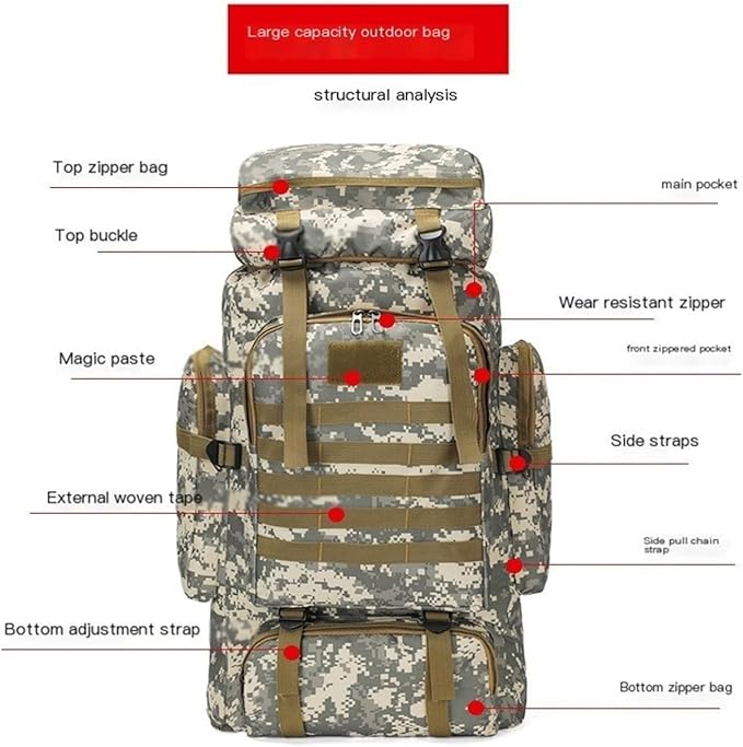 80L Tactical Backpack Camouflage Large Capacity Water-resistant Hiking Bag Outdoor Sports(Brown green)