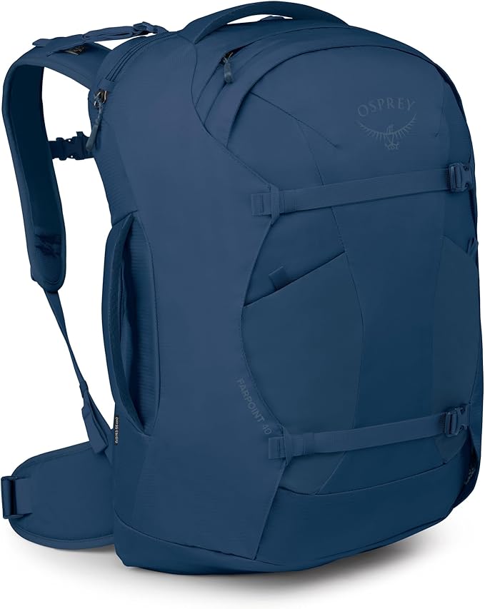 Osprey Farpoint 40L Men's Travel Backpack - Carry On Bag with Laptop Sleeve and Toiletry Pocket Antique Blue