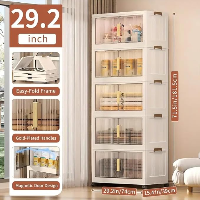 Storage Bins with Lids 5 Tier 425 QT Stackable Plastic Storage Bins Foldable Storages Boxes with Magnetic Doors and Wheels for Clothes Snacks Books Folding Containers for Home Office