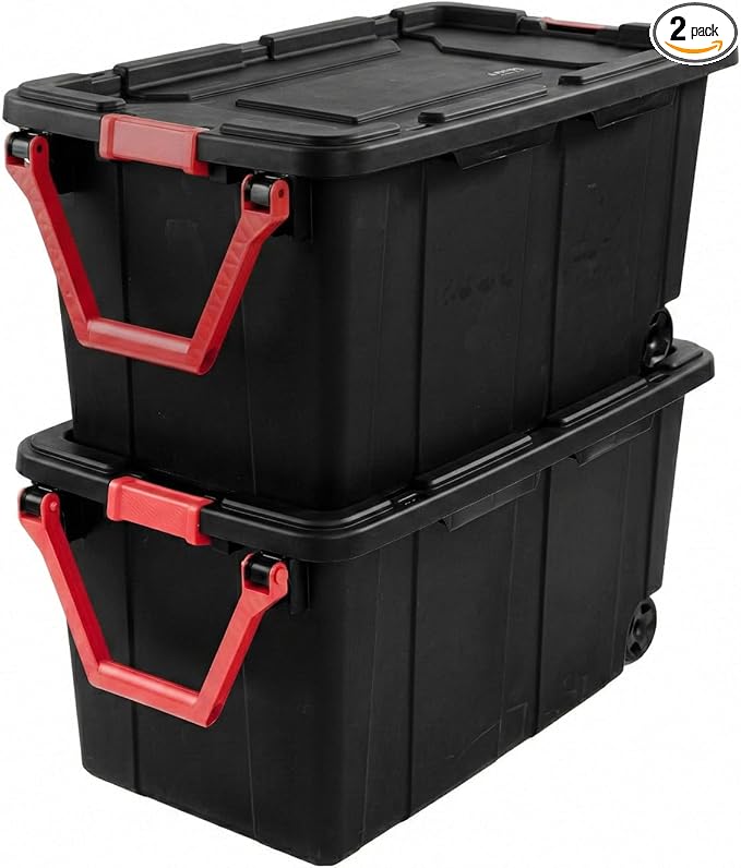 40 Gallon Plastic Storage Box with Wheels and Lids Stackable Industrial Tote Pack of 2 (Black)