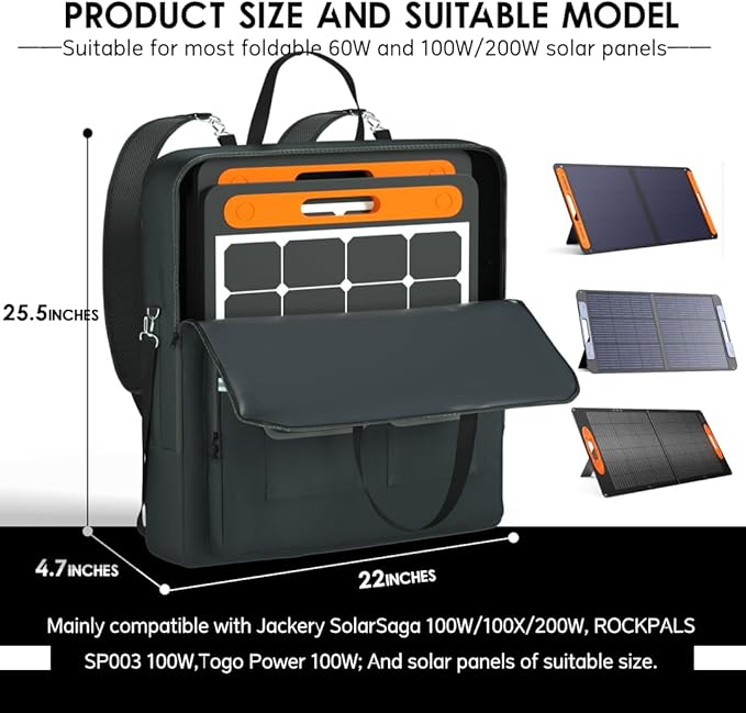 Solar Panel Storage Bag with Deepened Opening Compatible with Jackery SolarSaga 100W/100X/200W Featuring Pull-Tab Zipper and Multiple Accessory Compartments Solar Panel Travel Storage Case