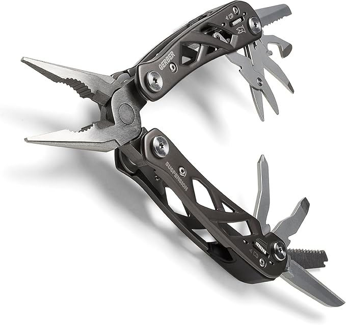 Gerber Gear Suspension 12-in-1 EDC Multi-Plier Multitool with Pocket Knife Needle Nose Pliers Wire Cutters and More Gifts for Men Camping and Survival Grey
