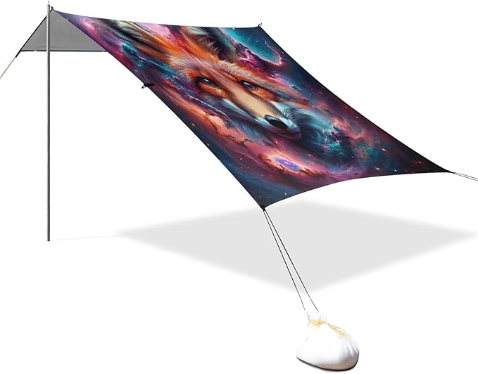 ALAZA Fox Head Galaxy Beach Tent Sun Shelter UPF50+ Protection Beach Shade Canopy w/ 4 Sandbags for Outdoor Camping Fishing Backyard Fun Picnic 10x9 ft