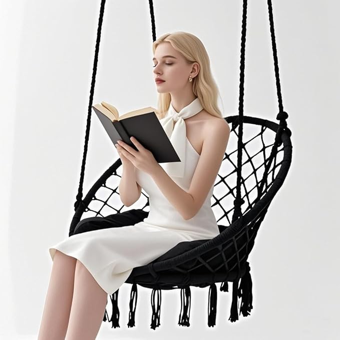 Vohala Macrame Hanging Chair Hammock Chair with Large Comfy Cushion Boho Swing Chair for Bedroom Patio Balcony Garden Holds up to 264 lb Accessories Included Cream White