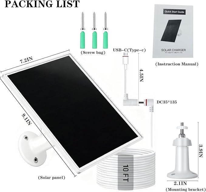 10W Solar Panel for Ring Camera/Outdoor Cameras Solar Charger with USB-C &amp &amp Barrel Plug for Ring Stick Up &amp Spotlight Cam Series IP65 Waterproof 360° Adjustable Mount 10ft Cable Whit