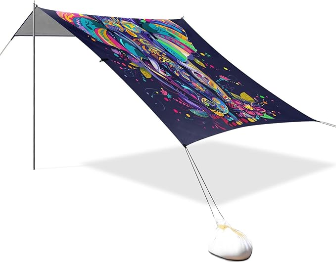 ALAZA Rainbow Elephant Flower Boho Beach Tent Sun Shelter UPF50+ Protection Beach Shade Canopy w/ 4 Sandbags for Outdoor Camping Fishing Backyard Fun Picnic 10x9 ft