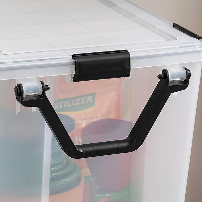 IRIS USA WeatherPro 103 Qt Storage Bins with Lids 4 Pack BPA-Free Plastic Gasket Box with Tight Latch and Seal Stackable Nestable Tote Tub - Clear/Black