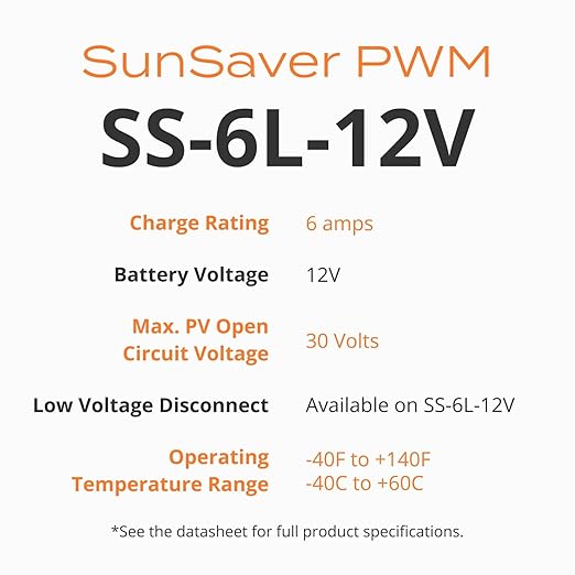 Morningstar SunSaver 6A PWM Solar Charge Controller (SS-6L-12V) - Solar Panel Regulator for 12V Batteries Four Stage Battery Charging LVD HazLoc Rated Low Noise 5 Year WTY - Designed in The USA