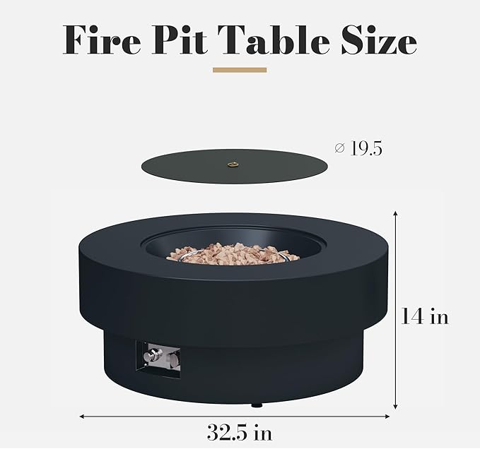 32.5 Inch Propane Fire Pit Table 50000 BTU Round Patio Fire Pit Table Outdoor CSA Certified Stainless Burner with Steel Lid Waterproof Cover &amp Lava Rocks for Backyard Garden Black