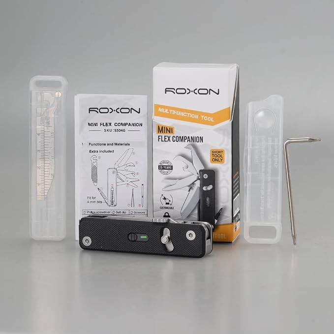 ROXON S504G Mini Flex Companion-7 in 1 Multitool EDC Pocket Knife with G10 Handle Box Cutter Short Sheepsfoot Blade Short Scissors Bottle &amp Can Opener 4mm Bit Tweezers and Toothpick