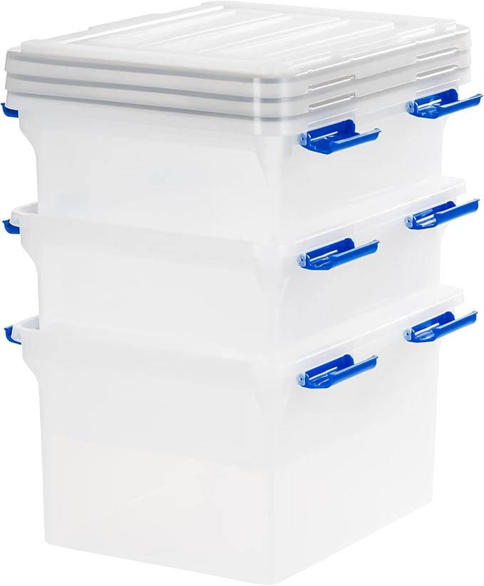 IRIS USA File Box WeatherPro File Organizer for Letter/Legal File Water Resistant Document Box Plastic Gasket File Box With Tight Latch and Seal Stackable Nestable Clear/Blue 32 Qt. 3 Pack