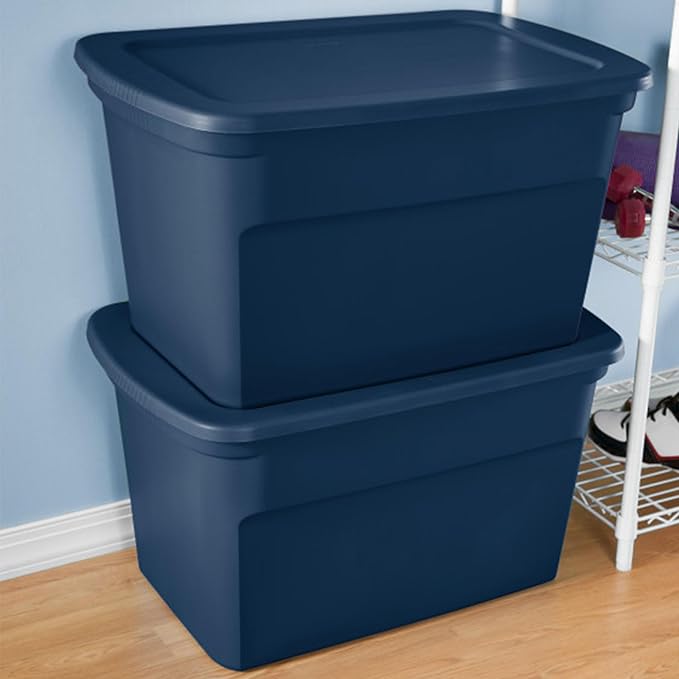 Sterilite 24-Pack Tote Plastic Storage Bins with Snap Lids 30 Gallon Marine Blue - Stackable Home Organizers with In-Molded Handles for Bedroom Garage Basement and Attic