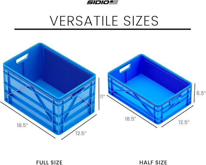 SIDIO Crate Basic Pack - 2 Full-Size &amp 1 Half-Size Heavy Duty Stackable Storage Bins Totes and Containers with Dividers - Durable Plastic Organizer for Home Office Garage and Outdoor Use