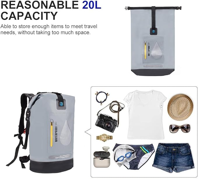 XhuangTech 20L Waterproof Drybag Water Sports Floating Backpack Durable Heavy Duty Duffel Bag for Kayaking Rafting Boating FishingCamping (Gray 20L)