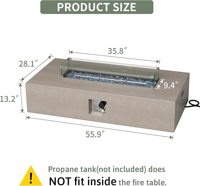 COSIEST Outdoor Propane Fire Pit Table 56-inch x 28-inch Rectangle Gray Concrete-Like Finish Certified 50000 BTU Stainless Steel Burner w Blue Fire Glass Wind Guard Raincover