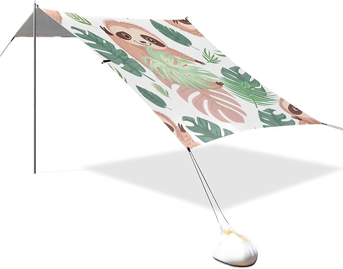 ALAZA Cute Sloth and Palm Leaves Seamlee Beach Tent Sun Shelter Portable Canopy Sunshade for Outdoor Camping Picnics Backyard Fun 10x9 ft