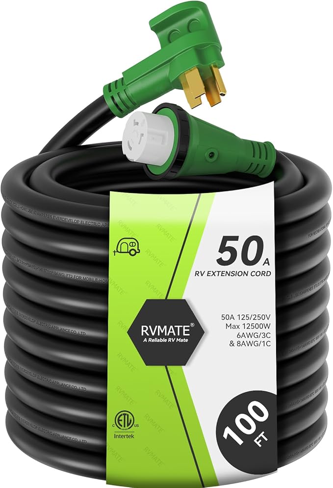 RVMATE 50 Amp 100 Feet RV/Generator Lockable Power Extension Cord Easy Plug in Handle 14-50P to SS 2-50R with LED Indicator ETL Listed