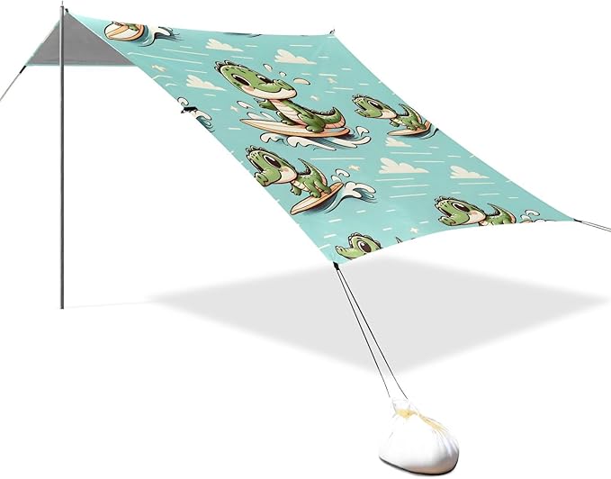 ALAZA Cute Crocodile Surfing Beach Tent Sun Shelter UPF50+ Protection Beach Shade Canopy w/ 4 Sandbags for Outdoor Camping Fishing Backyard Fun Picnic 10x9 ft
