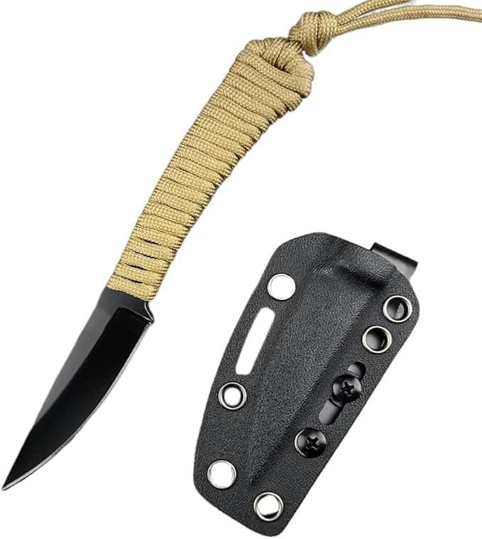 Portable EDC Fixed Blade Knife2.8'' 8Cr13Mov Steel BladeNylon Rope Handle with Kydex Sheath and PocketclipGifts for Men WomenLightweight Full Tang Knives for Camping Hiking Fishing (Khaki)