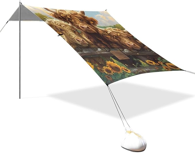 ALAZA Sunflower Highland Cattle Beach Tent Sun Shelter Portable Canopy Sunshade for Outdoor Camping Picnics Backyard Fun 10x9 ft